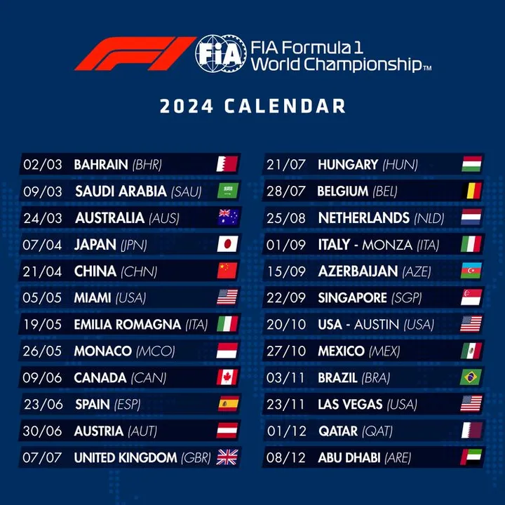 2024 FIA Formula 1 Calendar Announced | Federation Internationale de l'Automobile en 2023
