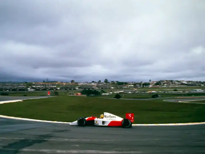 Chassis number MP4/6/1 racing to victory at the 1991 Brazilian Grand Prix, driven by Ayrtona Senna.