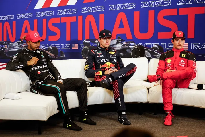 Full transcript from the FIA-hosted top three press conference after the United States Grand Prix Sprint Race on Saturday, at Circuit of the Americas in Austin. Featuring Sprint Race winner  Max Verstappen (Red Bull Racing), second-placed  Lewis Hamilton (Mercedes) and third-placed Charles Leclerc (Ferrari). Track interviews conducted by David Coulthard.