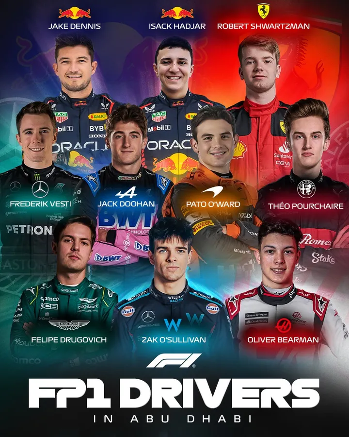 Formula 1 on X: "Meet our rookies taking part in Friday's FP1 session! 👀 Including eight @Formula2 stars! 🤩 It is mandatory for all F1 teams to run rookie drivers on at