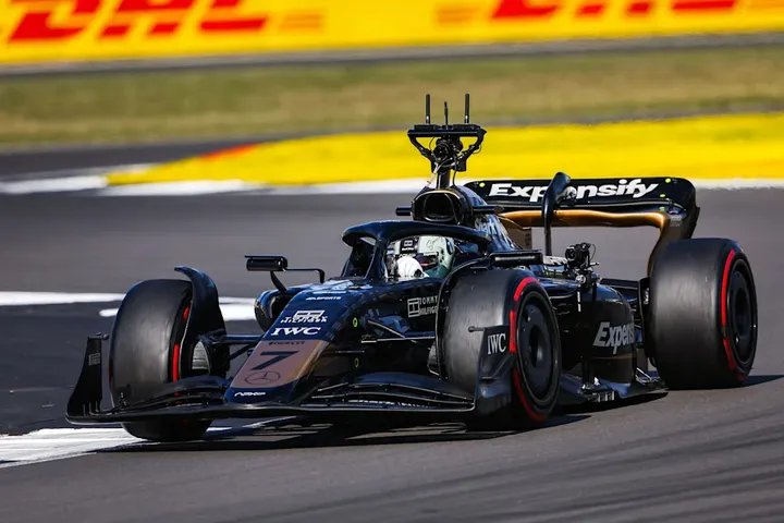 Silverstone, UK. 07th July, 2023. July 7, 2023, Silverstone, England, United Kingdom: The modified F2 car prepared by Mercedes Applied Science and Carlin driven by the actor BRAD PITT playing Sonny Hayes, for the fictional Apex APXGP team in the F1 movie by Apple Studios/Bruckheimer Films, with onboard film cameras during the 2023 Formula 1 British Grand Prix on the Silverstone Circuit. (Credit Image: &amp;#xa9; Antonin Vincent/LPS via Credit: Zuma Press/Alamy Live News