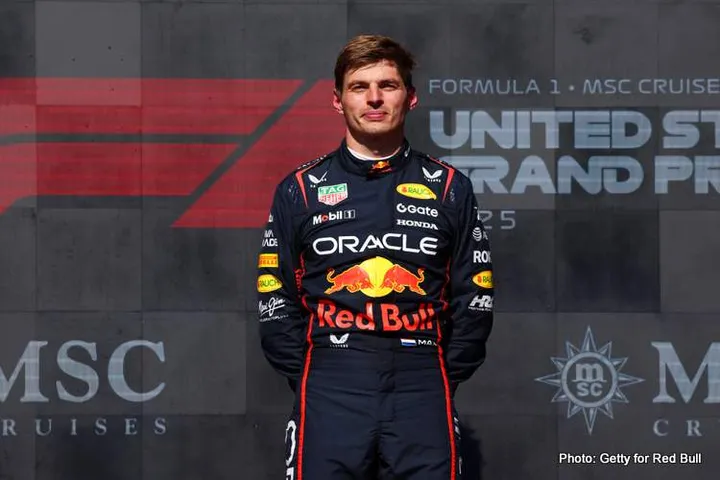 AUSTIN, TEXAS - OCTOBER 19: Race winner Max Verstappen of the Netherlands and Oracle Red Bull Racing on the podium during the F1 Grand Prix of United States at Circuit of The Americas on October 19, 2025 in Austin, Texas. (Photo by Clive Rose/Getty Images) // Getty Images / Red Bull Content Pool // SI202510191369 // Usage for editorial use only //