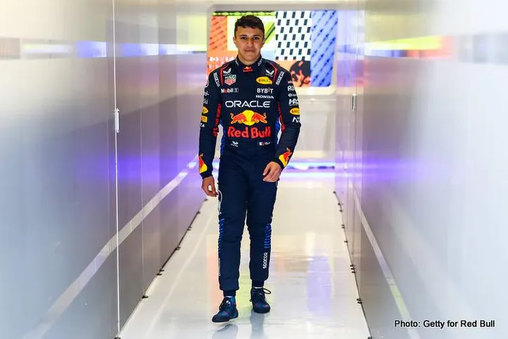 NORTHAMPTON, ENGLAND - JULY 05: Isack Hadjar of France and Red Bull Racing walks into the garage prior to practice ahead of the F1 Grand Prix of Great Britain at Silverstone Circuit on July 05, 2024 in Northampton, England. (Photo by Mark Thompson/Getty Images) // Getty Images / Red Bull Content Pool // SI202407050210 // Usage for editorial use only //