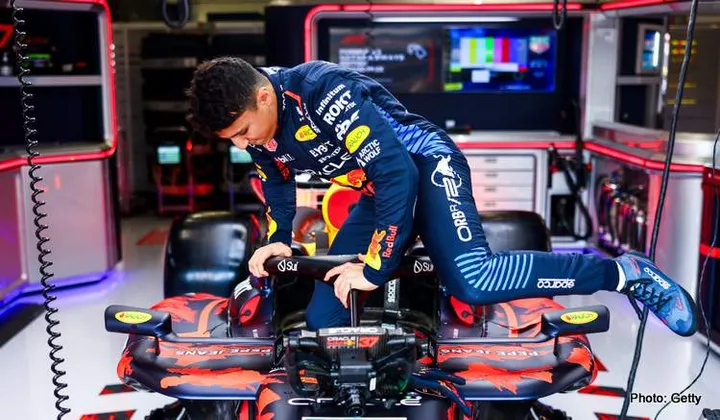 NORTHAMPTON, ENGLAND - JULY 05: Isack Hadjar of France and Red Bull Racing prepares to drive in the garage prior to practice ahead of the F1 Grand Prix of Great Britain at Silverstone Circuit on July 05, 2024 in Northampton, England. (Photo by Mark Thompson/Getty Images) // Getty Images / Red Bull Content Pool // SI202407050248 // Usage for editorial use only //