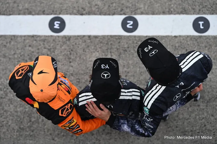pole winner Kimi Antonelli (Mercedes), P2 for George Russell (Mercedes) and Oscar Piastri (McLaren) in P3