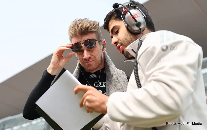 SUZUKA, JAPAN - MARCH 29: Nico Hulkenberg of Germany and Audi F1 Team talks on the grid prior to the F1 Grand Prix of Japan at Suzuka Circuit on March 29, 2026 in Suzuka, Japan. (Photo by Andy Hone/LAT Images)