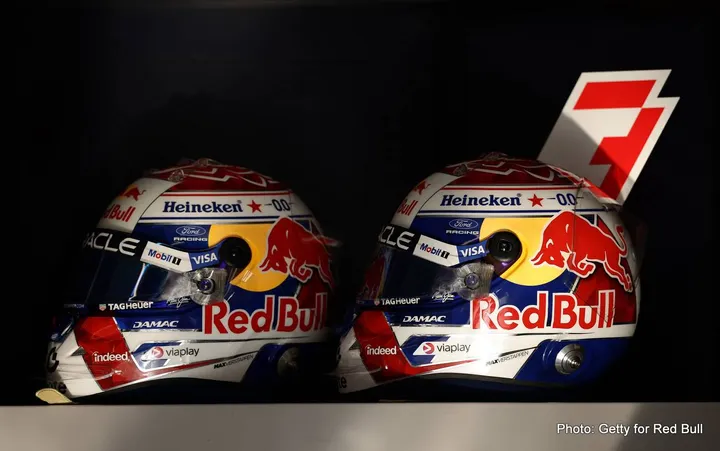 Helmets for Max Verstappen of the Netherlands and Oracle Red Bull Racing in the garage