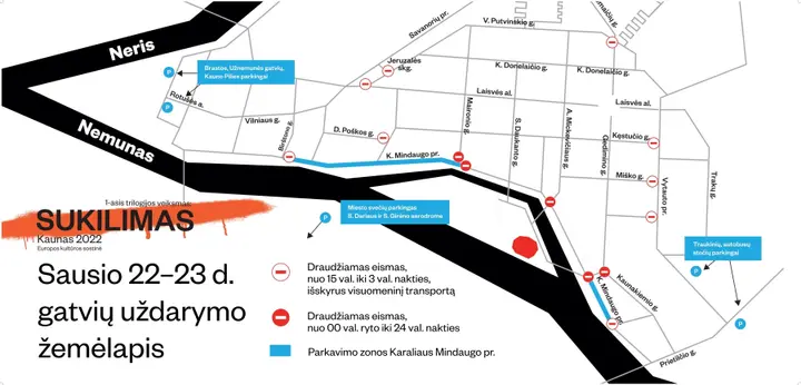 sukilimas gatviu uzdarymo zemelapis sausio 22 23 dienomis kaune