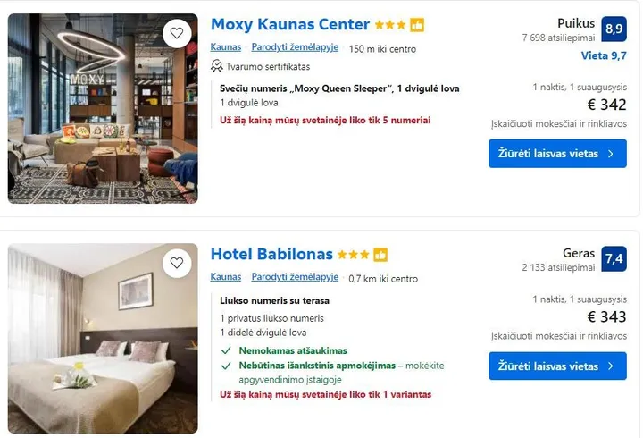 Viešbučių kainos 