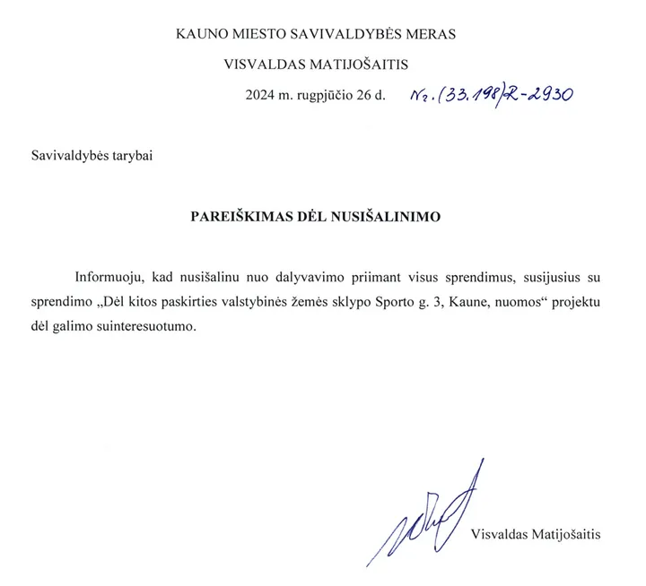 V.Matijošaičio nusišalinimas nuo svarstomo klausimo / Kaunas.lt pav.
