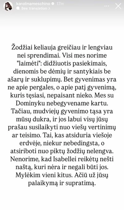 Karolinos Meschino istorija „Instagram“ / Delfi nuotr.