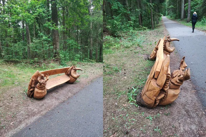 Nuvirtęs suoliukas Panemunėje / skaitytojo nuotr. / „Kas vyksta Kaune“ montažas