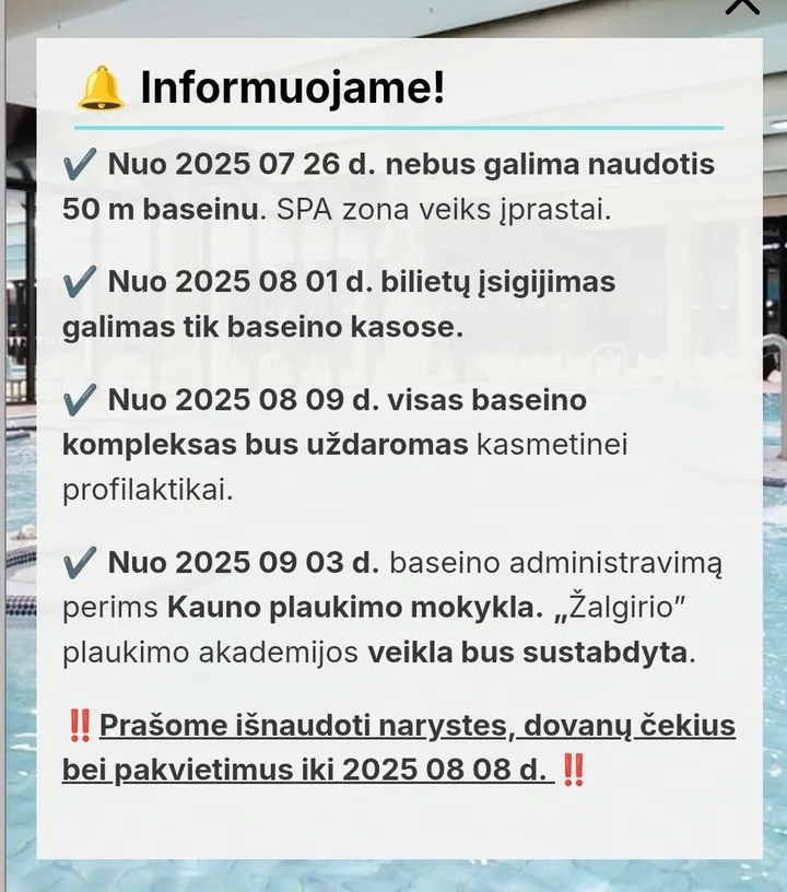 Pranešimas apie laikinai uždaromą baseiną (skaitytojo nuotr.)