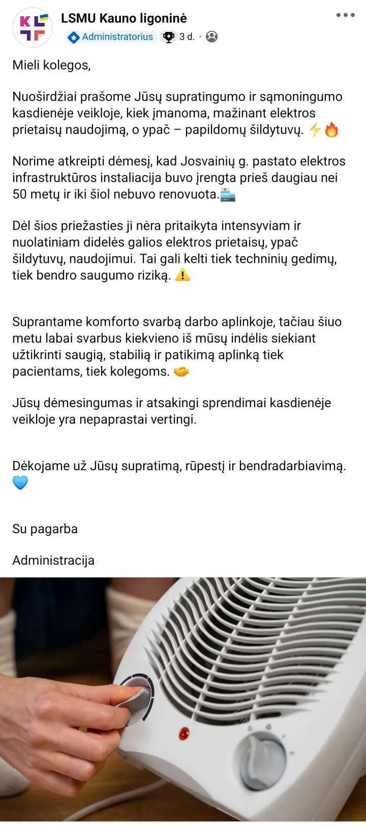 Kauno ligoninės įrašas „Facebook“ / skaitytojo ekrano nuotr.