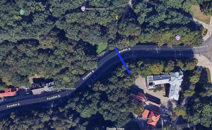 Planuojamo pėsčiųjų viaduko per Parodos gatvę vieta – pažymėta mėlynai