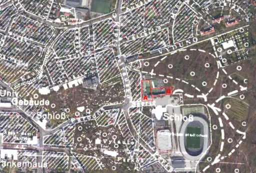 Istorinių teniso kortų vieta Sporto g. 3, vokiško žemėlapio 1941 metų ir 2024 metų  ortofoto sutapdinimas / Archyvo nuotr.