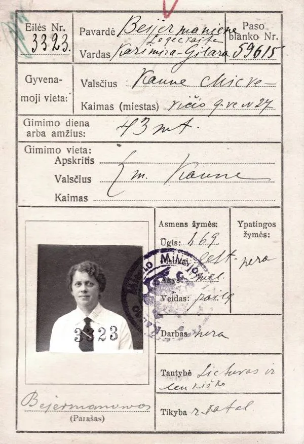 Ponia Kazimira Giliara Beuermanienė. Paso kortelė, 1920 m. / Kauno regioninis valstybės archyvas. Publikuojama pagal PD licenciją