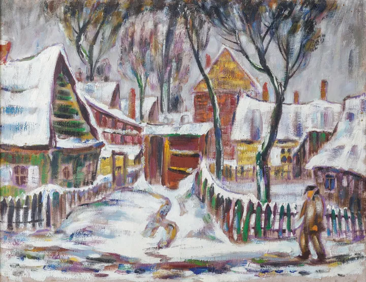 A. Galdiko paveikslas „Žaliakalnis žiemą“, XX a. III deš. Pasakojama, kad dailininkui patikdavo vaikštinėti Žaliakalnio gatvelėmis ir skerstgaviais, ten ieškoti įkvėpimo / A. Galdiko muziejaus Vilniuje nuotr.