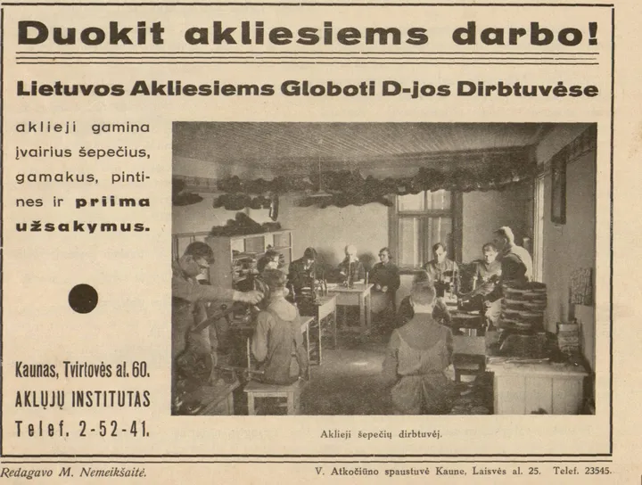 Skelbimas leidinyje „Aklųjų dalia“, 1939 m.