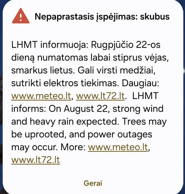 LHMT įspėjimas / Ekrano nuotr.