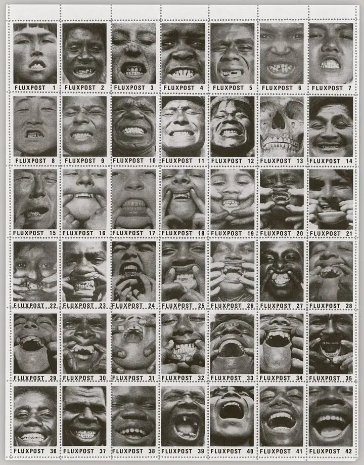 Jurgis Mačiūnas. Smiles. Fluxpost 1–42, pašto ženklų lakštas, 1973. Popierius, spauda, 28 × 21,5 cm