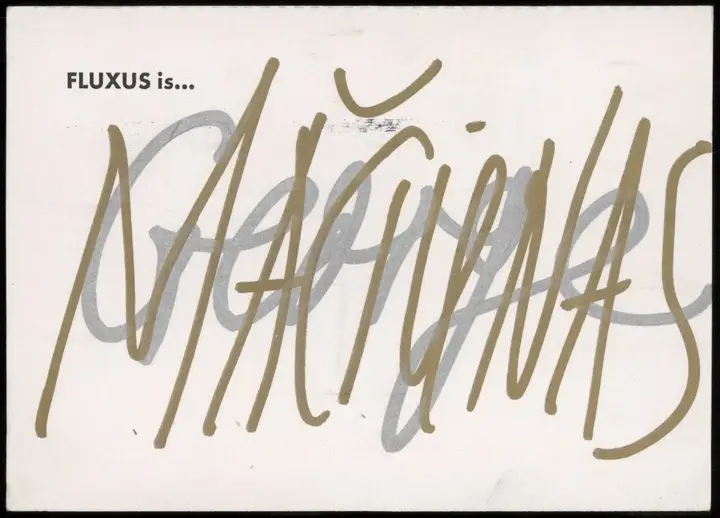Jonas Mekas. Atvirlaiškis George Mačiūnas. Apie 2000. Popierius, spauda, žymiklis, 10,5 × 15 cm