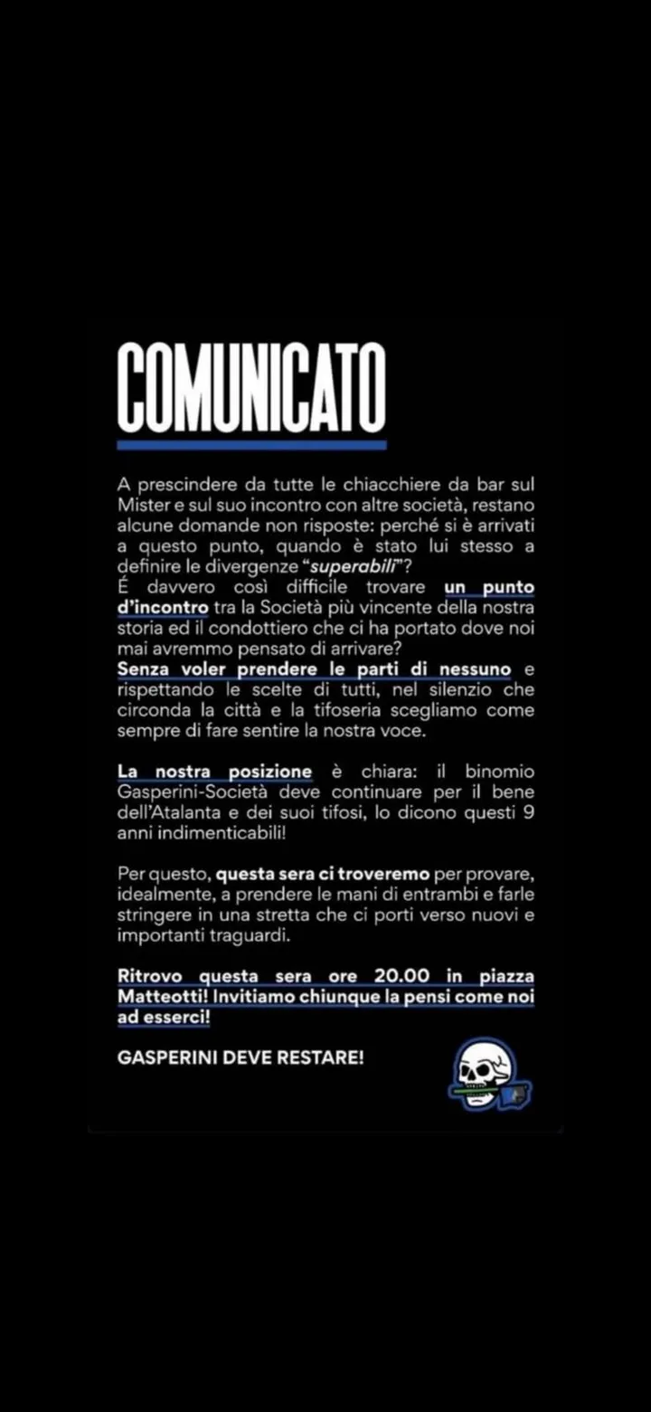 tifosi atalanta comunicato gasperini