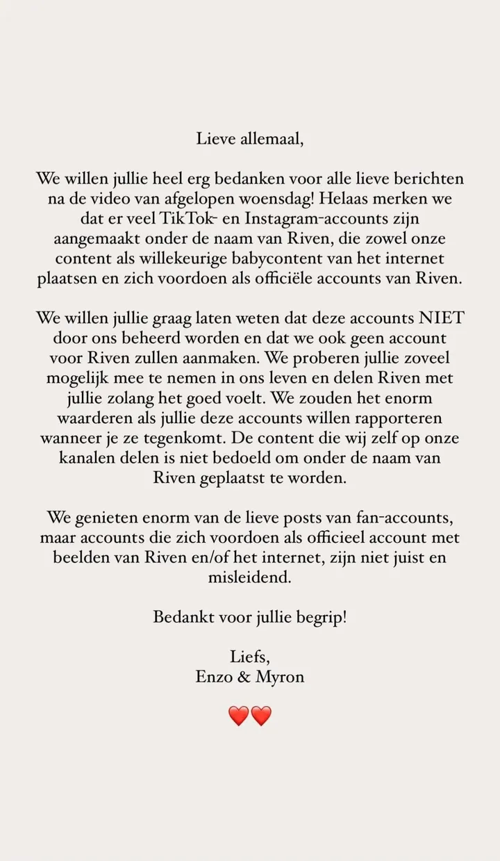 enzo knol en myron koops delen nieuws over baby riven