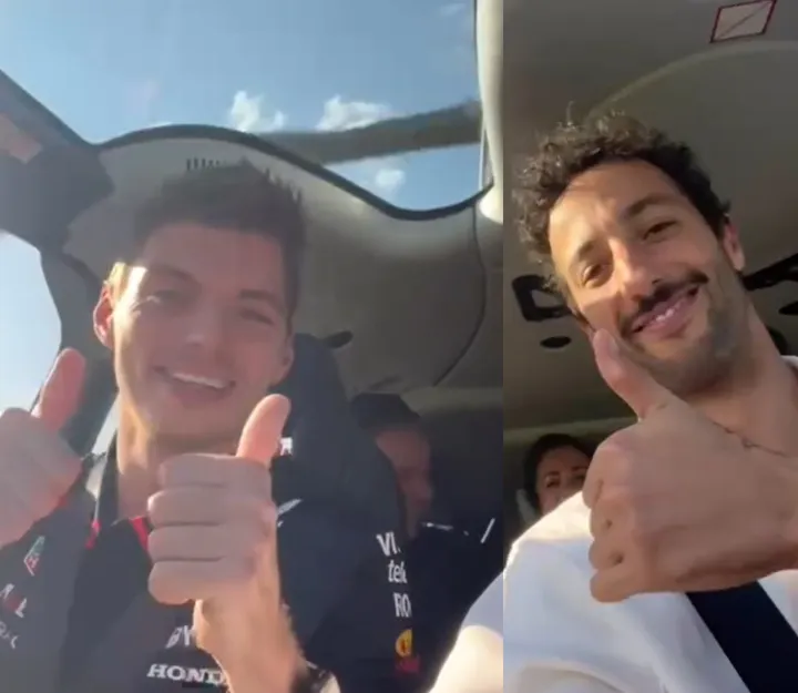 max verstappen stapt samen met daniel ricciardo in een helikopter