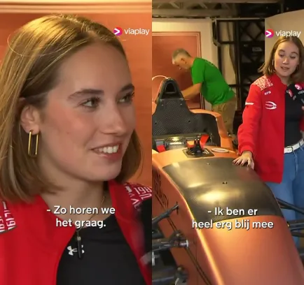 nina gademan racet op zandvoort met een knalroze auto