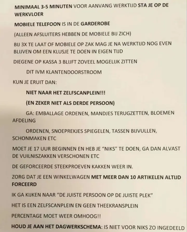 Regels voor medewerkers van een filiaal van AH