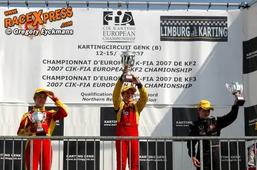 Het podium in de KF3 klasse, met Picariello op 1 en Pex op 3