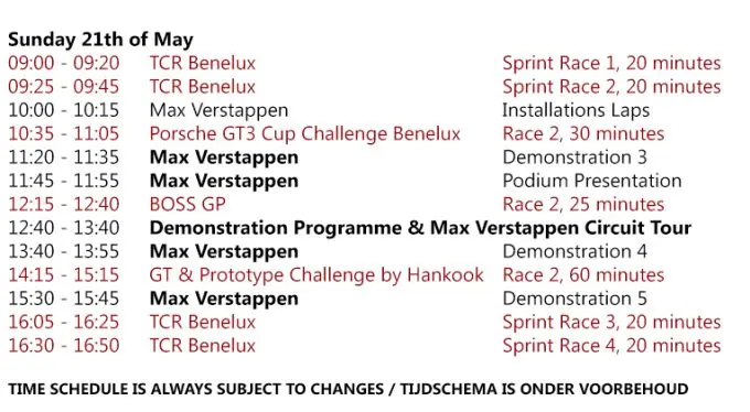 Tijdschema zondag 21 mei Jumbo Familie Racedagen driven by Max Verstappen Zandvoort