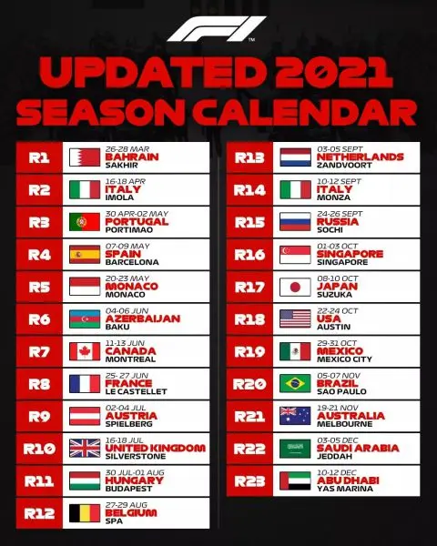 F1 calender 2021 updated