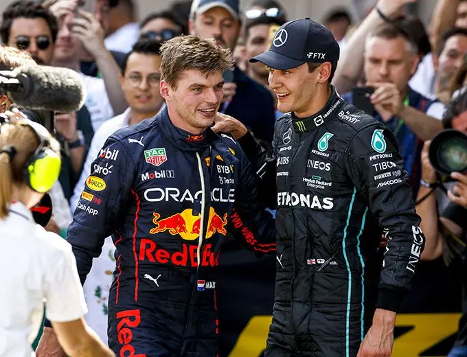 George Russell en Max Verstappen