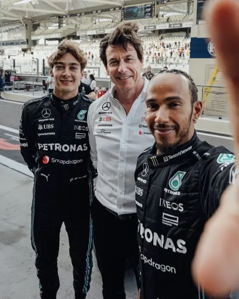 George Russell, Toto Wolff, Lewis Hamilton F1 Mercedes