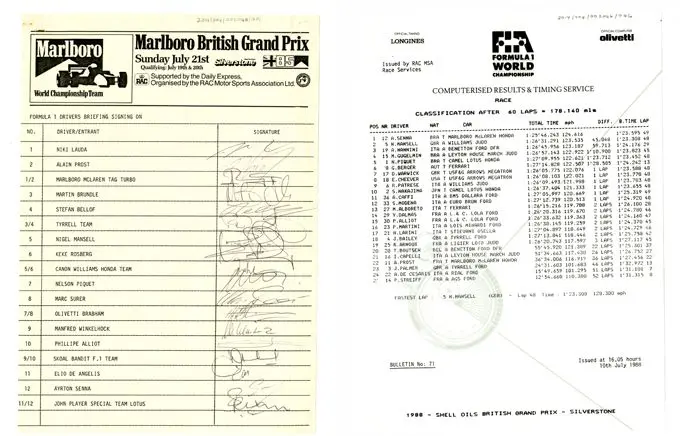 Ayrton Senna's handtekening op het Drivers Briefing Signing On formulier voorafgaand aan de 1985 Britse Grand Prix en het officiï¿½le Race Result Sheet van Senna's overwinning in 1988