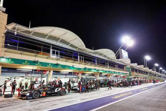 8 Hours of Bahrain 2024 Toyota pits by night
