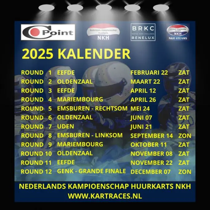 kalender van het officieel Nederlands Kampioenschap Huurkarts NKH / Benelux Rental Kart Challenge BRKC 2025