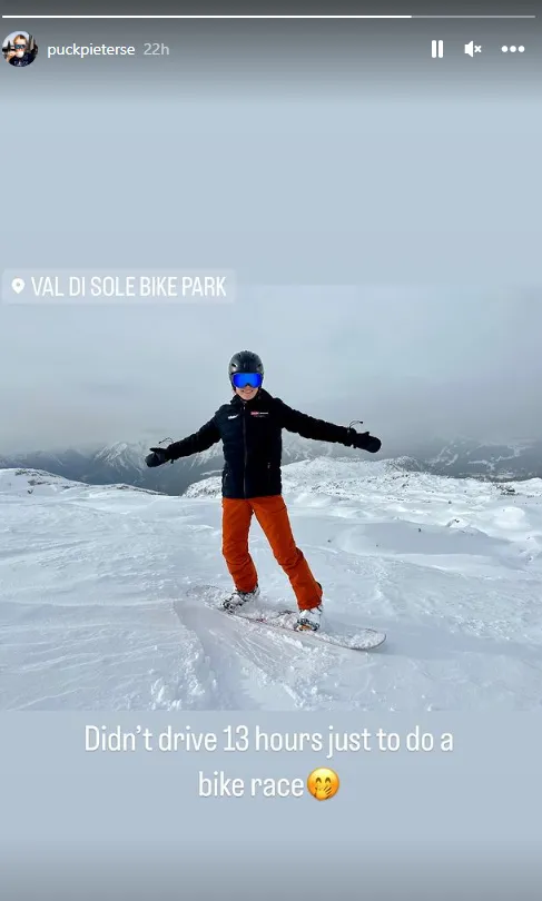 Instagram Story Puck Pieterse Val di Sole Snowboarden nach dem World Cup<br>