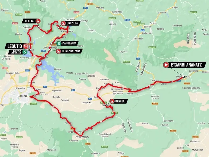 Karte Itzulia Baskenland 2024 Etappe 4 schematische Route mit Rundkurs<br>