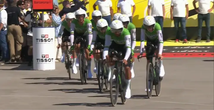Caja Rural im Einsatz beim Mannschaftszeitfahren der 1. Etappe der Tour de France 2026