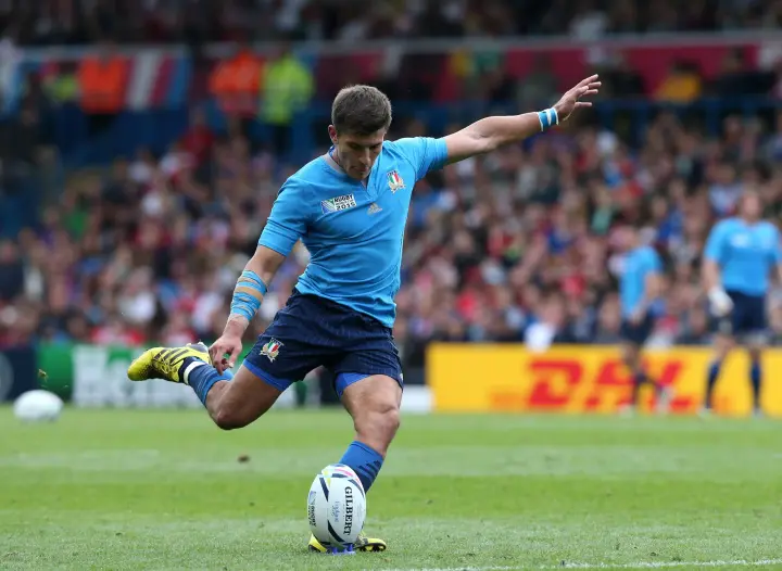 LEEDS, ENGLAND - SEPTEMBER 26 : Tommaso Allen of Italy takes a conversion in the second half during the 2015 Rugby World Cup Pool D match between Italy and Canada at Elland Road on September 26, 2015 in Leeds England. (Photo by Mark Runnacles/Getty Images
