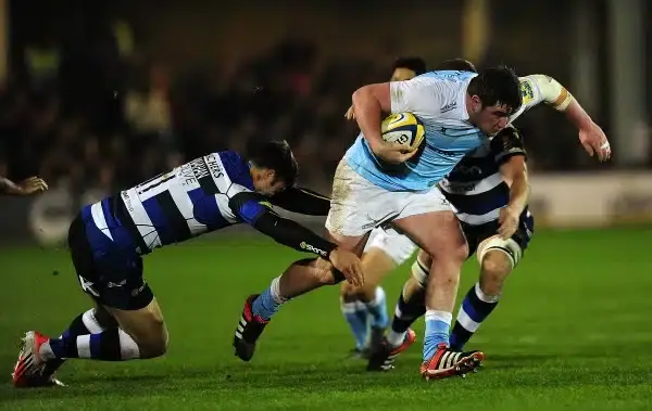 BATH, ENGLAND - NOVEMBER 15:  Scott Wilson of Newcastle Falcons is tackled by Matt Banahan of Bath during the Aviva Premiership match between Bath Rugby and Newcastle Falcons at The Recreation Ground on November 15, 2014 in Bath, England.  (Photo by Dan M