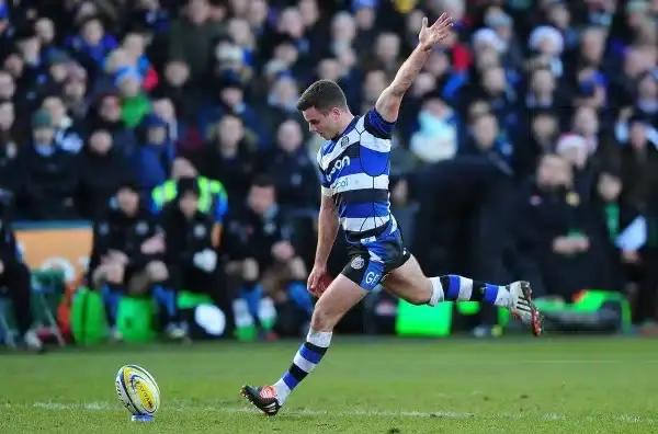 BATH, ENGLAND - DECEMBER 27: George Ford of Bath takes a kick at goal during the Aviva Premiership match between Bath Rugby and Exeter Chiefs at Recreation Ground on December 27, 2014 in Bath, England. (Photo by Dan Mullan/Getty Images)