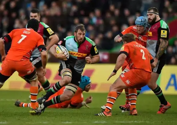 during the Aviva Premiership match between harlequins and Leicester Tigers at Twickenham Stoop on January 10, 2015 in London, England.