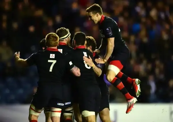 EDINBURGH, SCOTLAND - APRIL 17: The Edinburgh Rugby team celebrate with Sam Hadalgo-Clyne after he scored a try in the second half during the European Rugby Challenge Cup Semi Final match, between Edinburgh Rugby and Newport Gwent Dragons at Murrayfield S