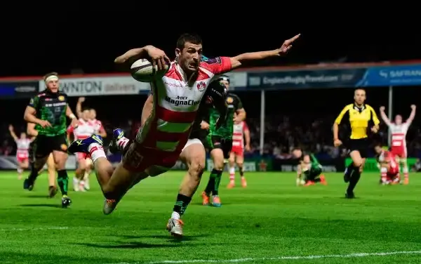 GLOUCESTER, ENGLAND - APRIL 18: Jonny May of Gloucester dives over for the final try during the European Rugby Challenge Cup semi final match between Gloucester Rugby and Exeter Chiefs at Kingsholm Stadium on April 18, 2015 in Gloucester, England. (Photo 