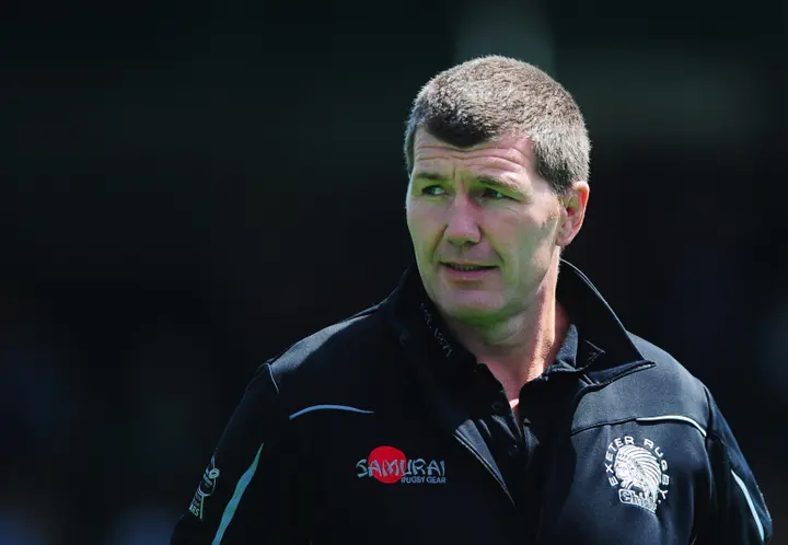 BARNET, ENGLAND - MAY 10: Rob Baxter head coach of Exeter Chiefs looks on prior to the Aviva Premiership match between Saracens and Exeter Chiefs at Allianz Park on May 10, 2015 in Barnet, England. (Photo by Dan Mullan/Getty Images)