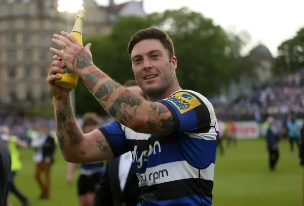 BATH, ENGLAND - MAY 23: Matt Banahan of Bath celebrates at the final whistle during the Aviva Premiership Semi Final match between Bath Rugby and Leicester Tigers at Recreation Ground on May 23, 2015 in Bath, England. (Photo by Ben Hoskins/Getty Images)
